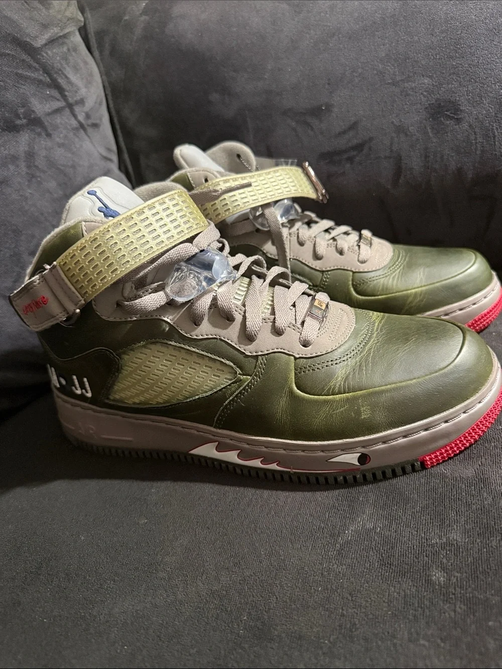 Jordan Olive Green and Beige High-Top Sneakers with Red Outsoles
